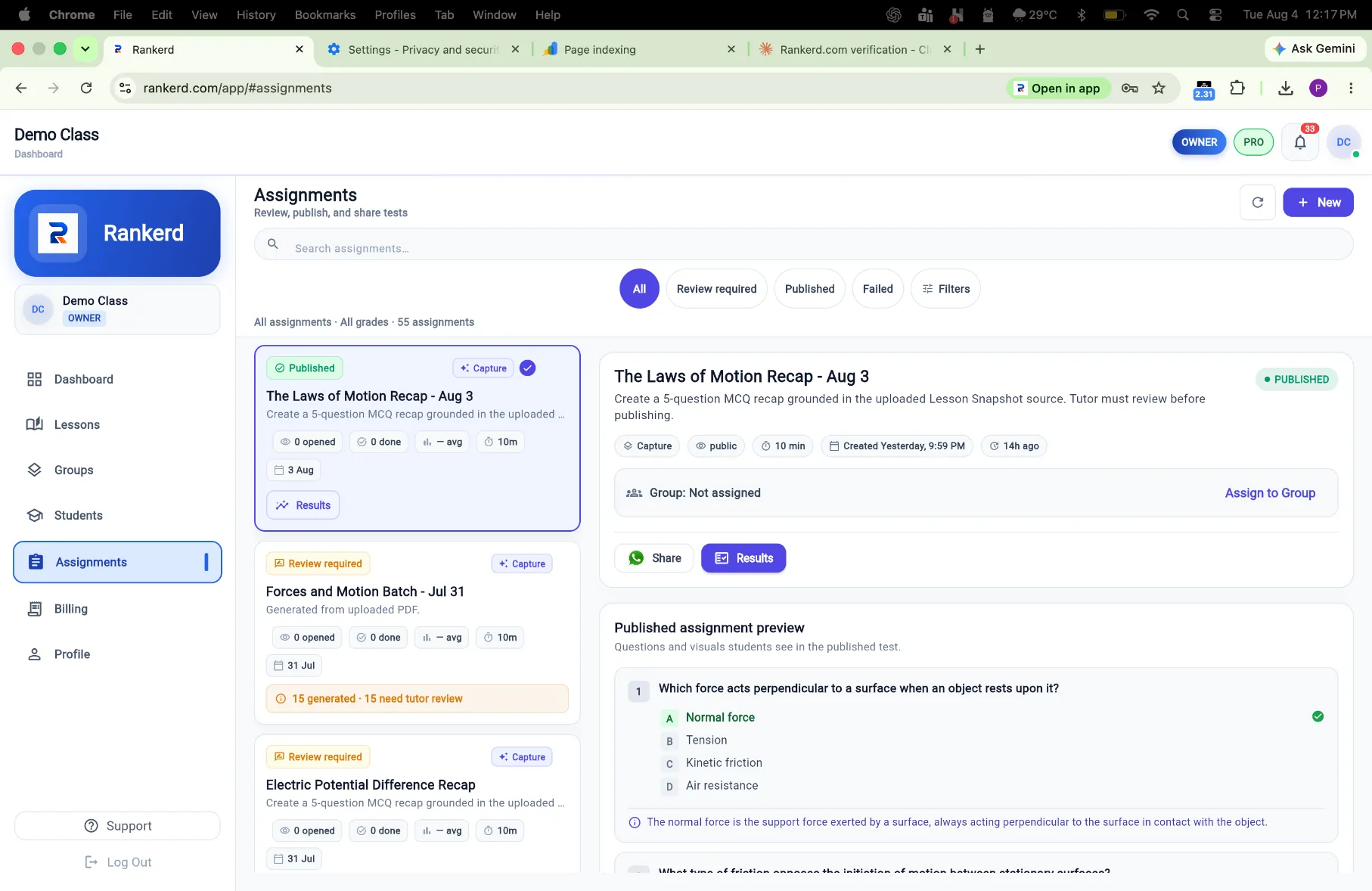 Assignment management workspace