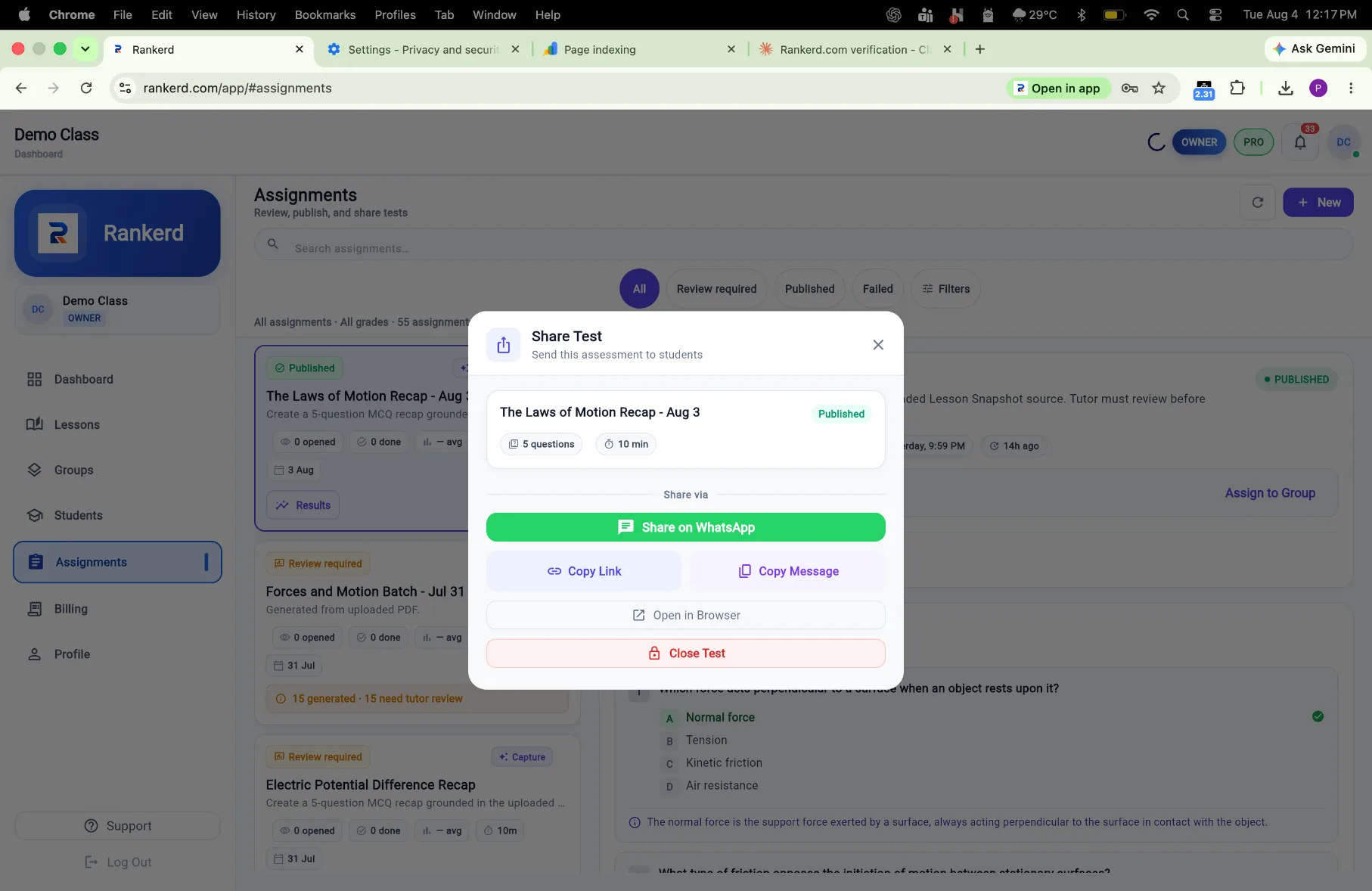 Assignment sharing screen