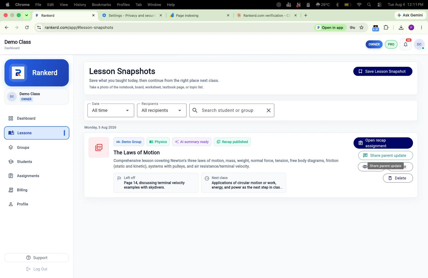 Lesson Snapshots ready for tutor review