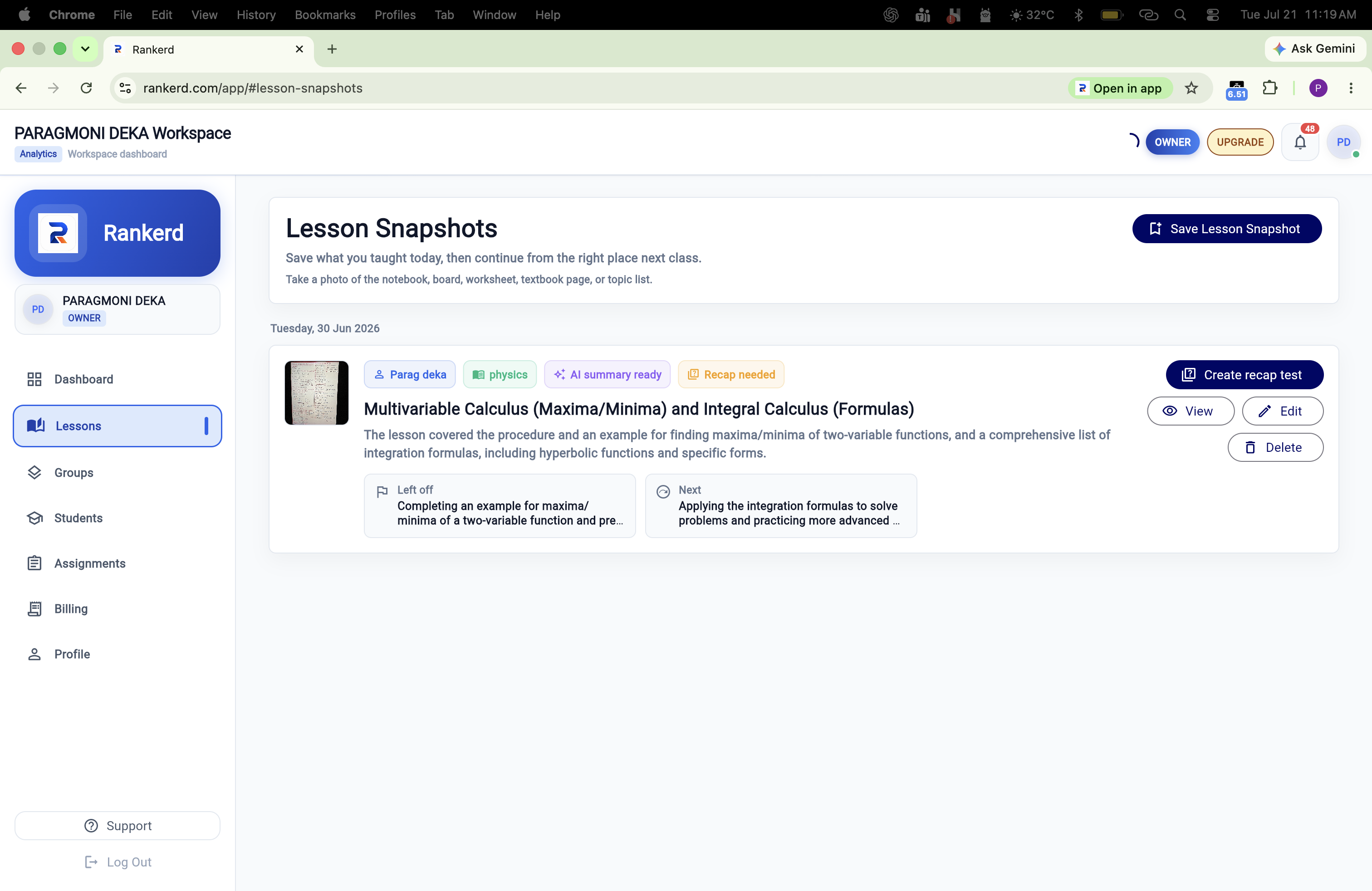 Rankerd lesson material and snapshot view