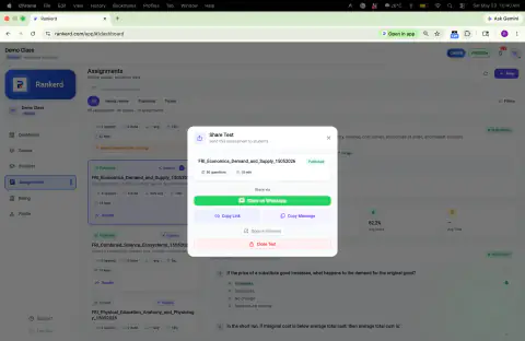 Rankerd Share Test dialog with a Share on WhatsApp option